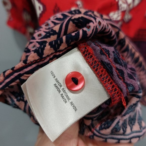 Anthropologie MAEVE Woodland Walk Geometric Aztec Red Button Up Blouse Size 8 - Picture 8 of 9